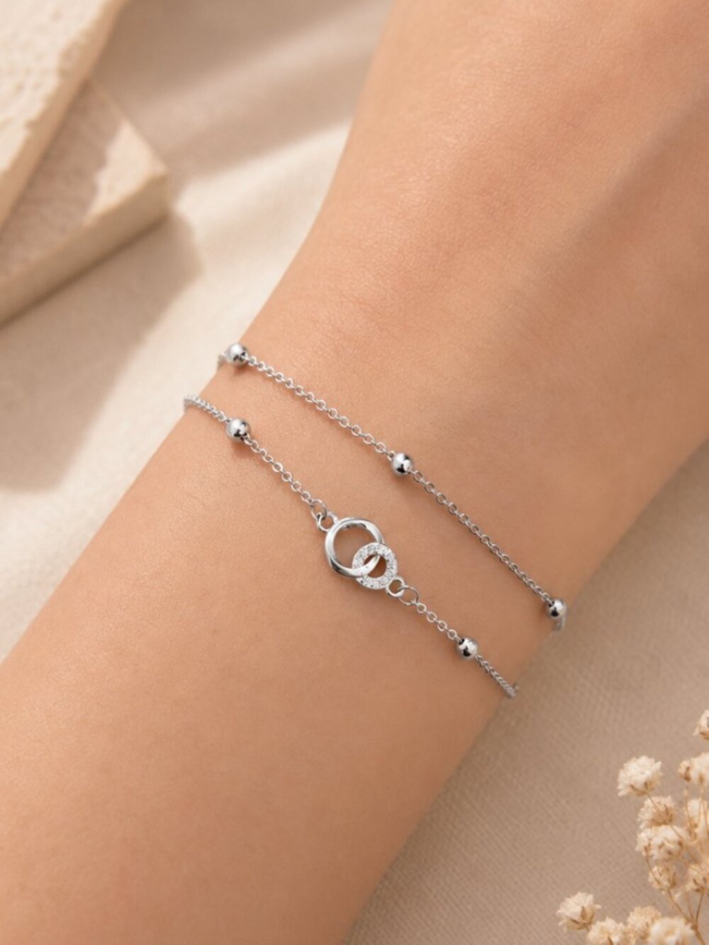 925 Sterling Silver Dainty Circle Link Bracelet Bead Layer Bracelet